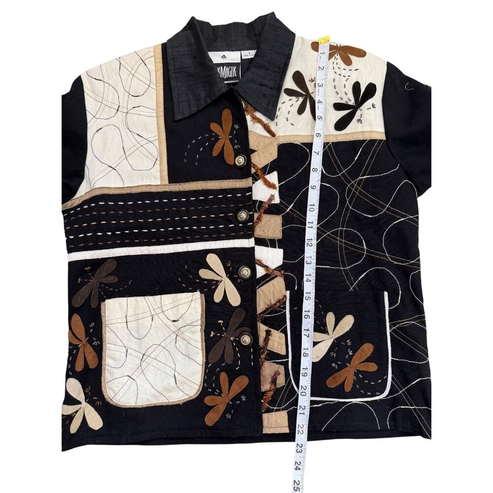 Yak Magik Women Size S Jacket Patchwork Art Embroidered Dragonfly Black Cream - Picture 5 of 8
